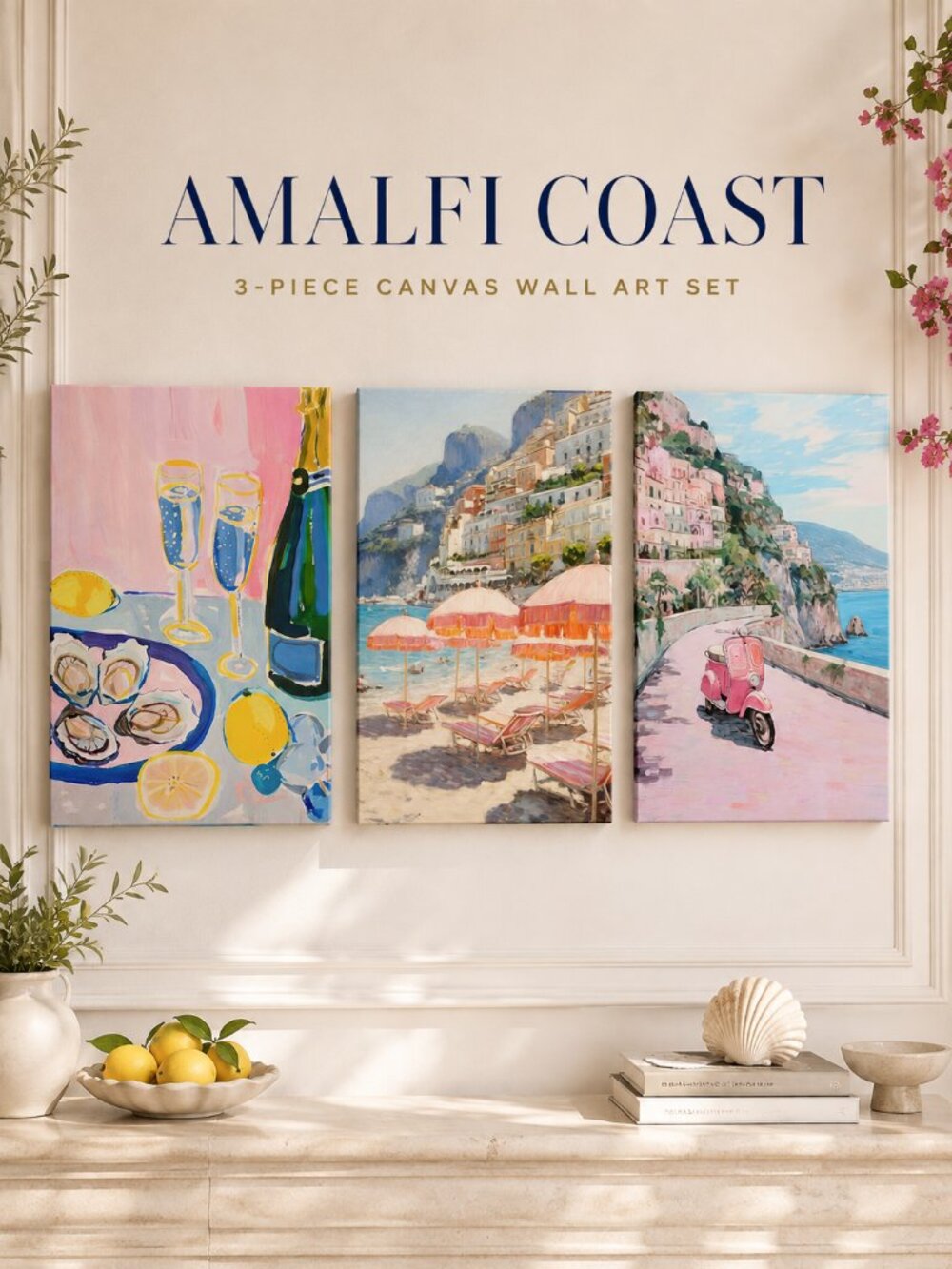 Amalfi Coast Pink Canvas Wall Art Set of 3 16x24 Framed Coastal Decor